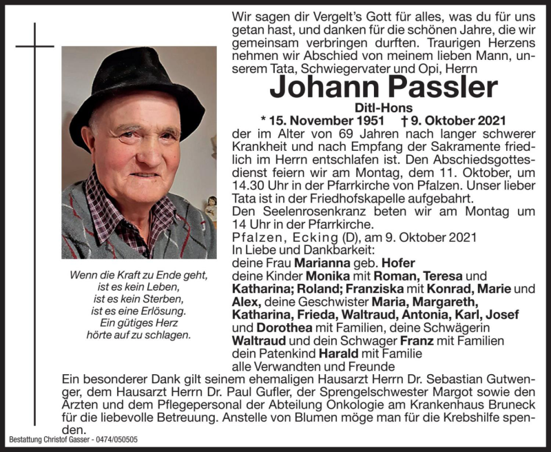  Traueranzeige für Johann Passler vom 11.10.2021 aus Dolomiten