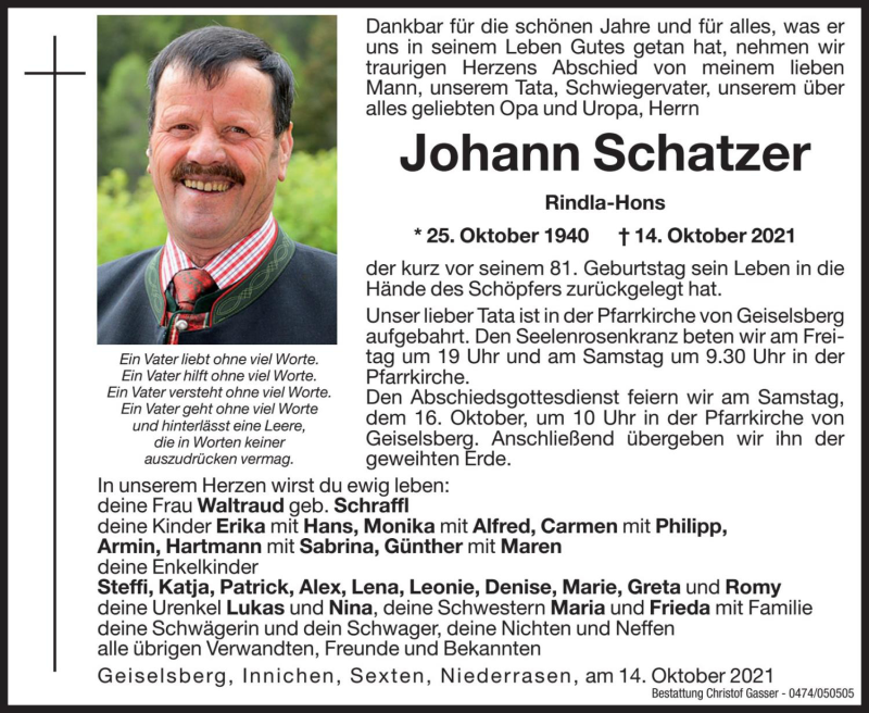  Traueranzeige für Johann Schatzer vom 15.10.2021 aus Dolomiten
