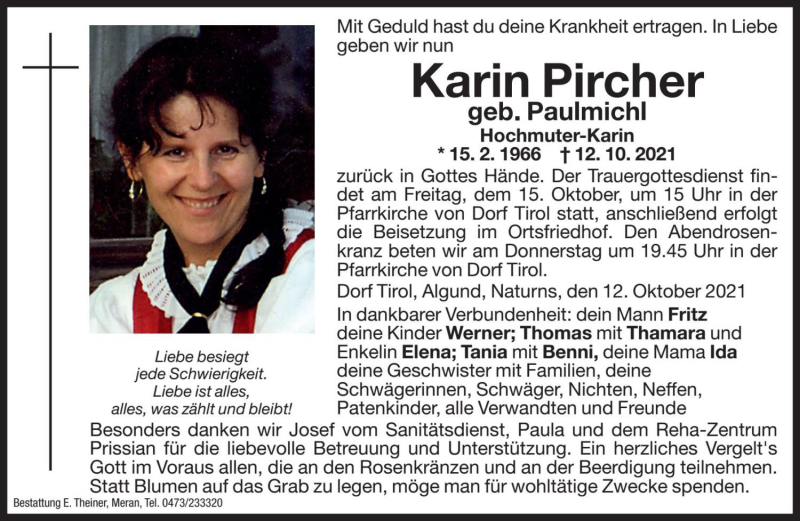  Traueranzeige für Karin Pircher vom 14.10.2021 aus Dolomiten
