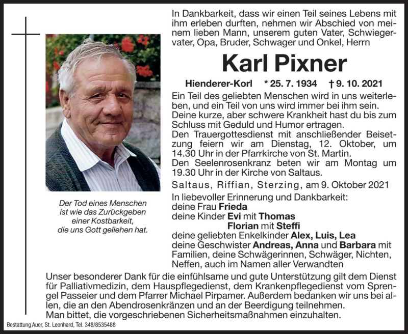  Traueranzeige für Karl Pixner vom 11.10.2021 aus Dolomiten