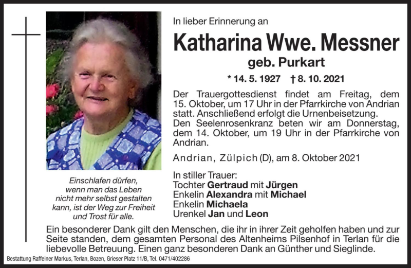  Traueranzeige für Katharina Messner vom 12.10.2021 aus Dolomiten