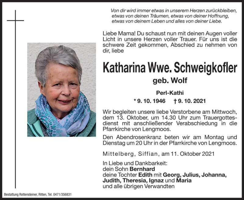  Traueranzeige für Katharina Schweigkofler vom 11.10.2021 aus Dolomiten