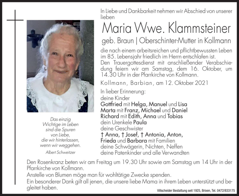  Traueranzeige für Maria Klammsteiner vom 15.10.2021 aus Dolomiten