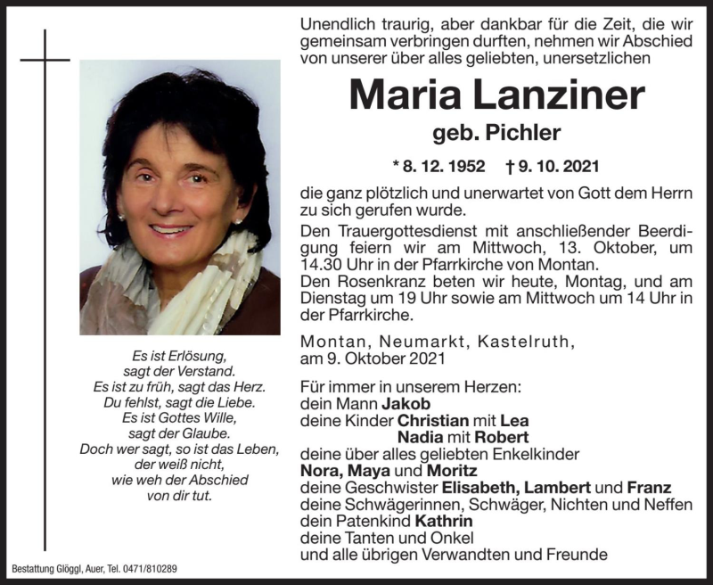  Traueranzeige für Maria Lanziner vom 11.10.2021 aus Dolomiten