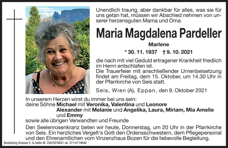  Traueranzeige für Maria Magdalena Pardeller vom 14.10.2021 aus Dolomiten