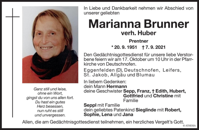  Traueranzeige für Marianna Huber vom 16.10.2021 aus Dolomiten