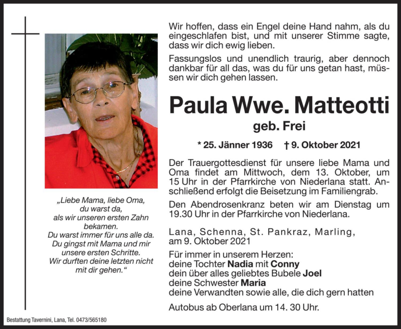  Traueranzeige für Paula Matteotti vom 11.10.2021 aus Dolomiten