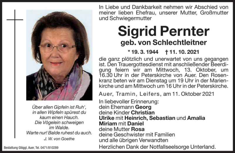  Traueranzeige für Sigrid Pernter vom 12.10.2021 aus Dolomiten