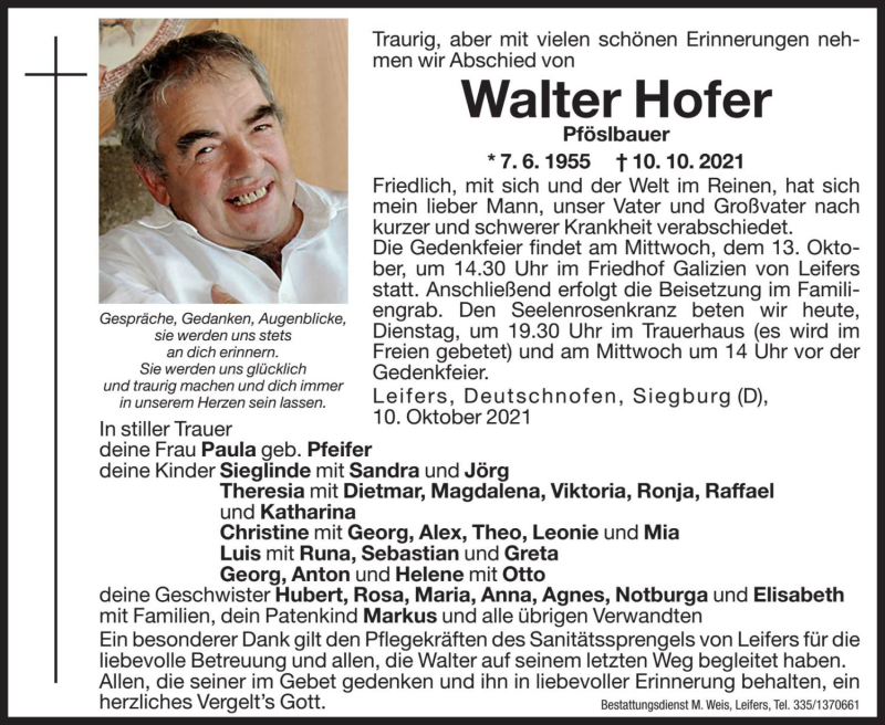  Traueranzeige für Walter Hofer vom 12.10.2021 aus Dolomiten