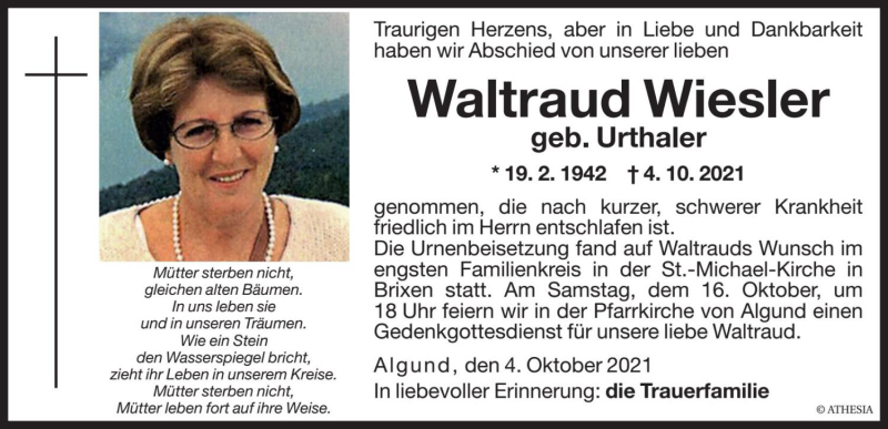  Traueranzeige für Waltraud Wiesler vom 15.10.2021 aus Dolomiten
