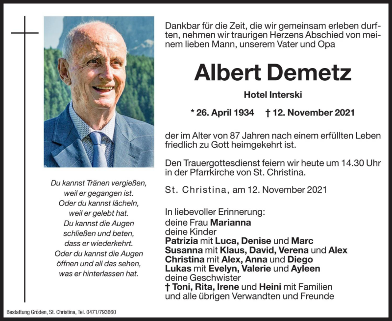  Traueranzeige für Albert Demetz vom 13.11.2021 aus Dolomiten