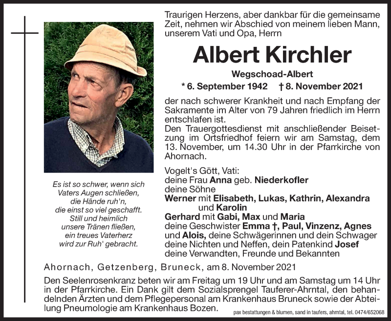  Traueranzeige für Albert Kirchler vom 12.11.2021 aus Dolomiten
