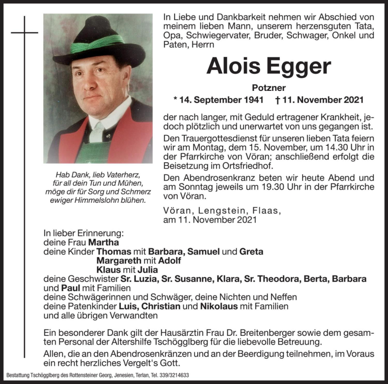  Traueranzeige für Alois Egger vom 13.11.2021 aus Dolomiten