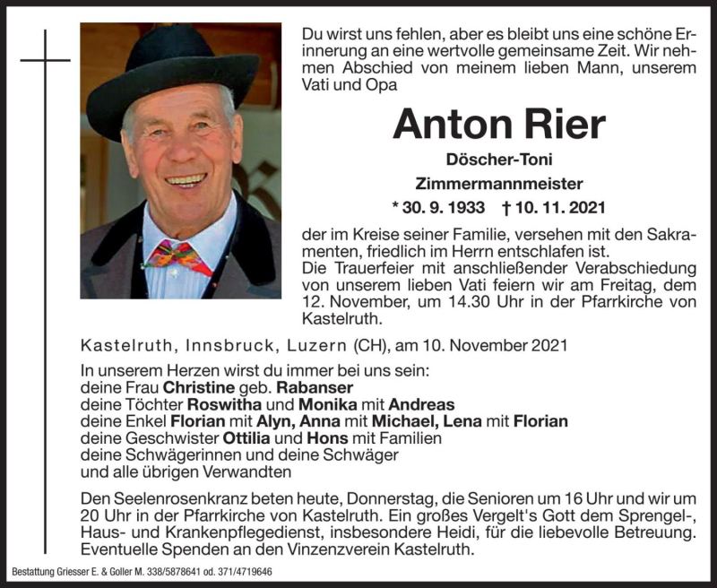  Traueranzeige für Anton Rier vom 11.11.2021 aus Dolomiten