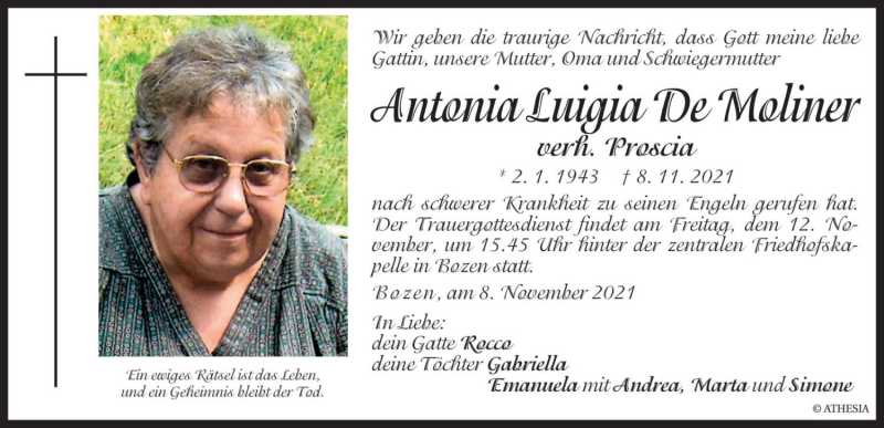  Traueranzeige für Antonia Luigia Proscia vom 11.11.2021 aus Dolomiten