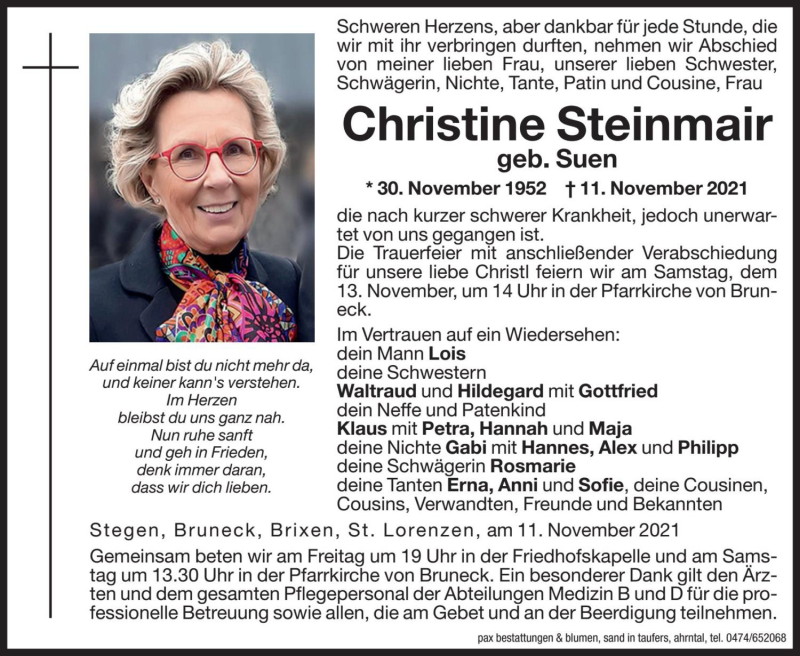  Traueranzeige für Christine Steinmair vom 12.11.2021 aus Dolomiten