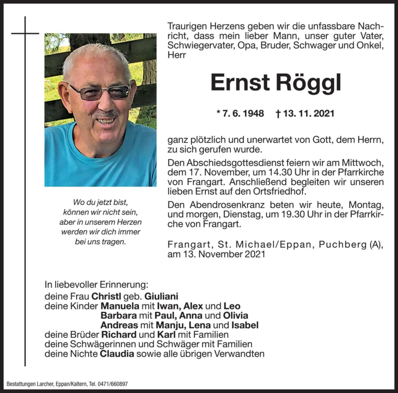  Traueranzeige für Ernst Röggl vom 15.11.2021 aus Dolomiten