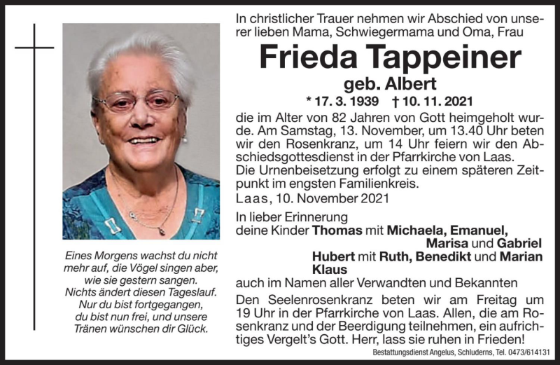  Traueranzeige für Frieda Tappeiner vom 12.11.2021 aus Dolomiten