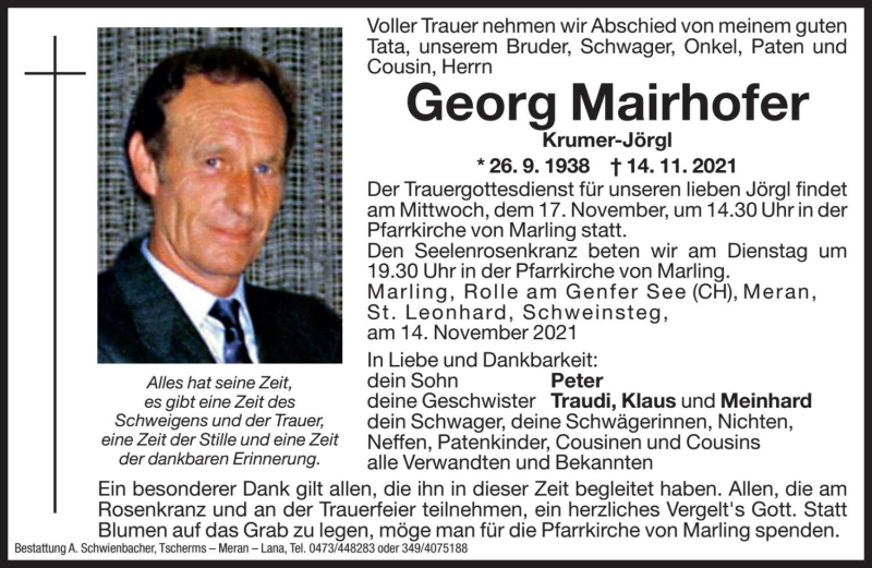  Traueranzeige für Georg Mairhofer vom 15.11.2021 aus Dolomiten