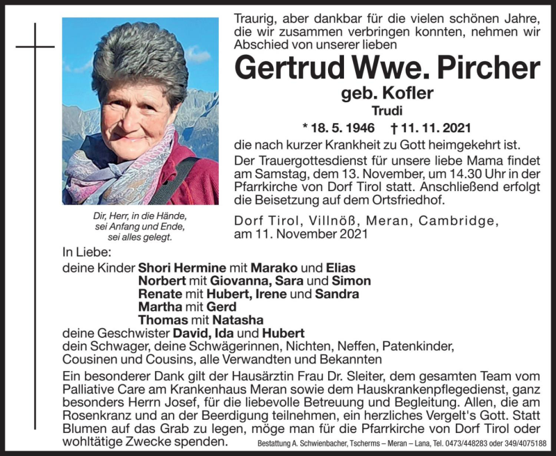  Traueranzeige für Gertrud Pircher vom 13.11.2021 aus Dolomiten