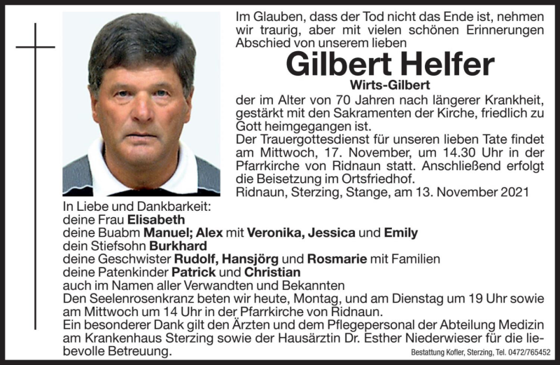 Traueranzeige für Gilbert Helfer vom 15.11.2021 aus Dolomiten