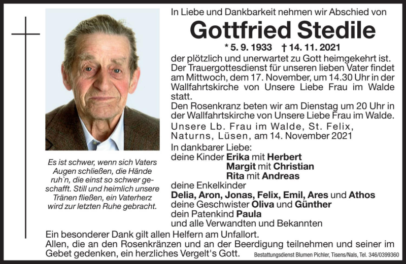  Traueranzeige für Gottfried Stedile vom 16.11.2021 aus Dolomiten