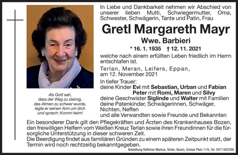  Traueranzeige für Gretl Margareth Barbieri vom 16.11.2021 aus Dolomiten