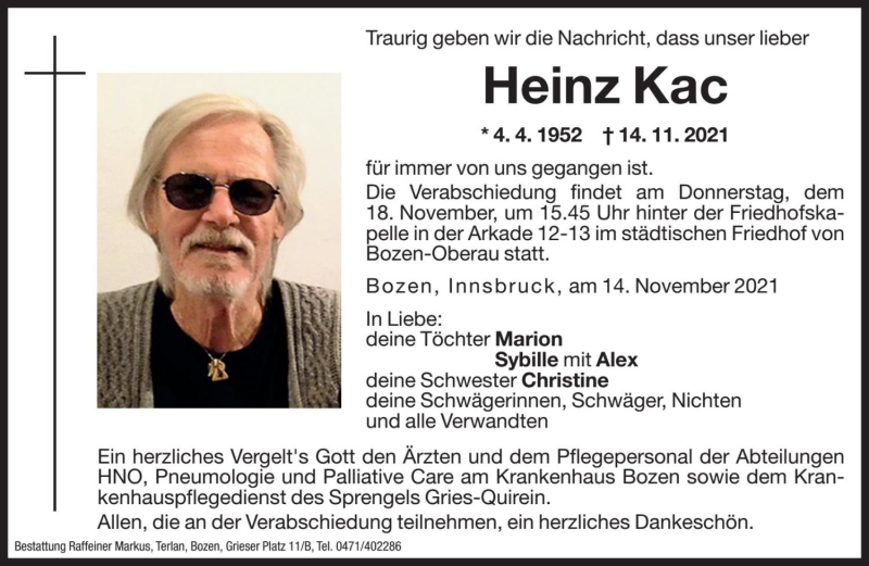  Traueranzeige für Heinz Kac vom 16.11.2021 aus Dolomiten