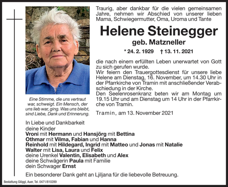  Traueranzeige für Helene Steinegger vom 15.11.2021 aus Dolomiten