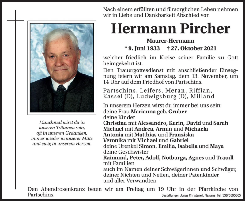  Traueranzeige für Hermann Pircher vom 11.11.2021 aus Dolomiten