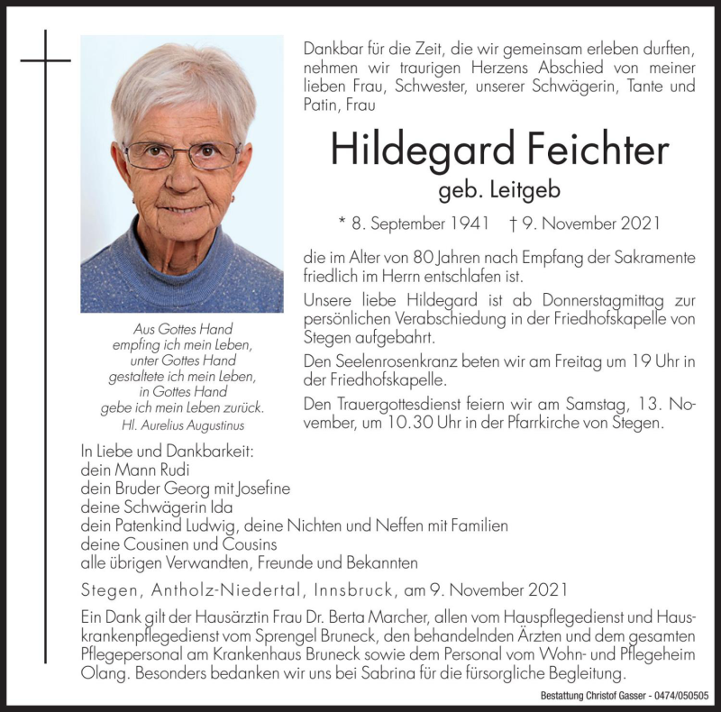  Traueranzeige für Hildegard Feichter vom 12.11.2021 aus Dolomiten