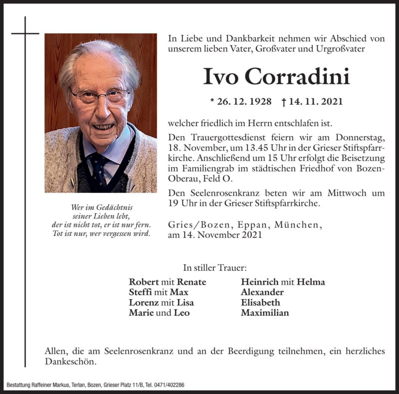  Traueranzeige für Ivo Corradini vom 16.11.2021 aus Dolomiten