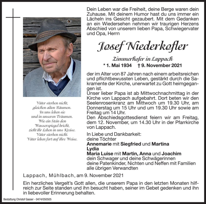  Traueranzeige für Josef Niederkofler vom 10.11.2021 aus Dolomiten