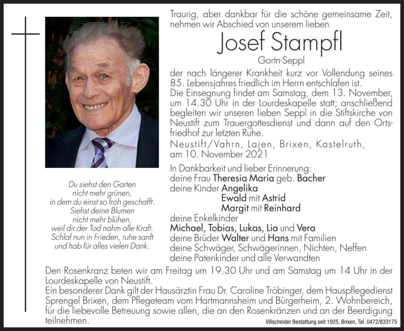  Traueranzeige für Josef Stampfl vom 12.11.2021 aus Dolomiten