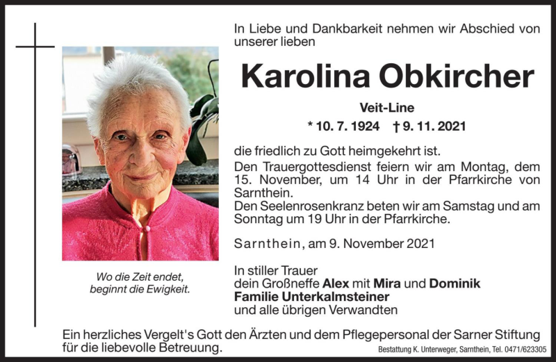  Traueranzeige für Karolina Obkircher vom 12.11.2021 aus Dolomiten