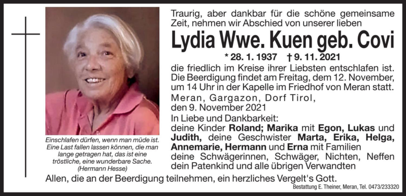  Traueranzeige für Lydia Kuen vom 11.11.2021 aus Dolomiten