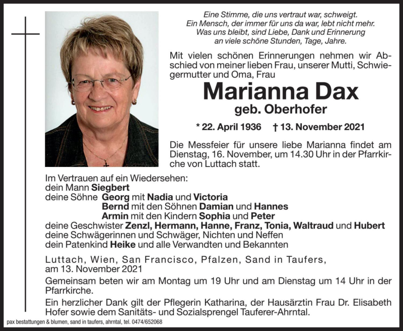  Traueranzeige für Marianna Dax vom 15.11.2021 aus Dolomiten