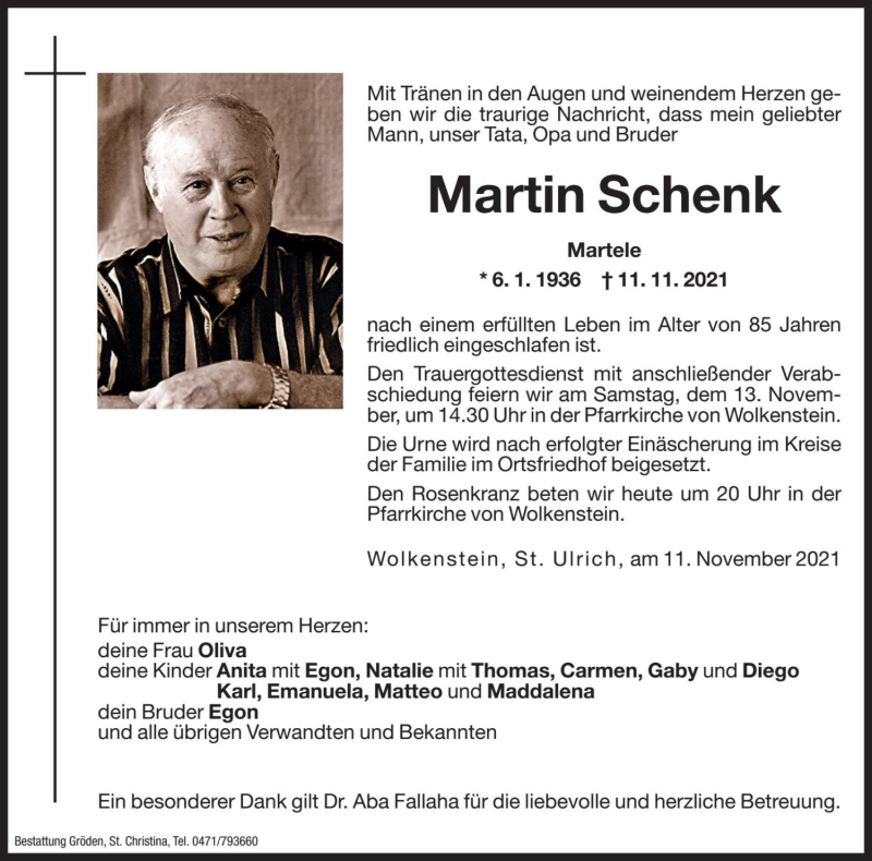  Traueranzeige für Martin Schenk vom 12.11.2021 aus Dolomiten