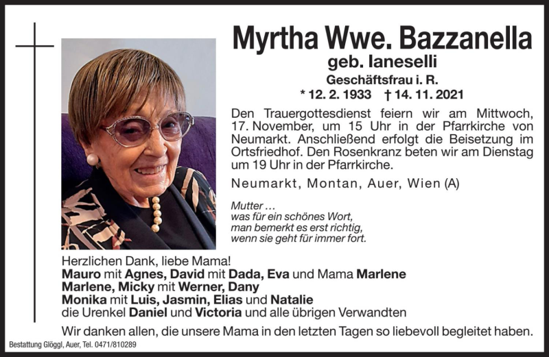  Traueranzeige für Myrtha Bazzanella vom 16.11.2021 aus Dolomiten