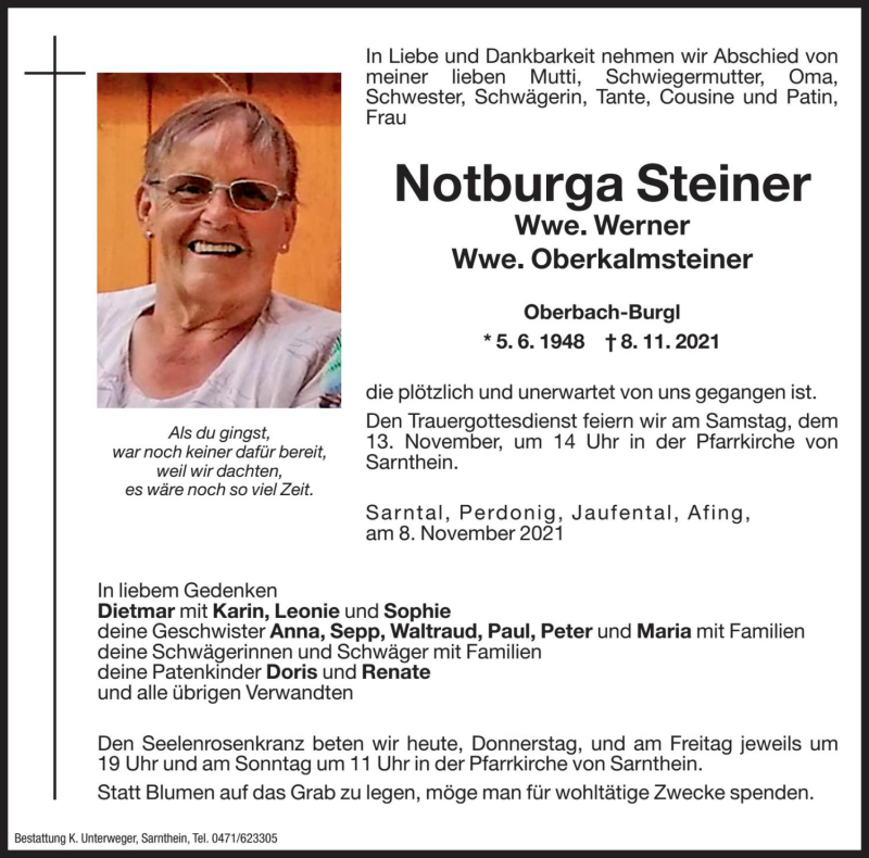  Traueranzeige für Notburga Werner Oberkalmsteiner vom 11.11.2021 aus Dolomiten