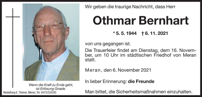  Traueranzeige für Othmar Bernhart vom 13.11.2021 aus Dolomiten