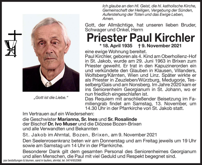  Traueranzeige für Paul Kirchler vom 11.11.2021 aus Dolomiten