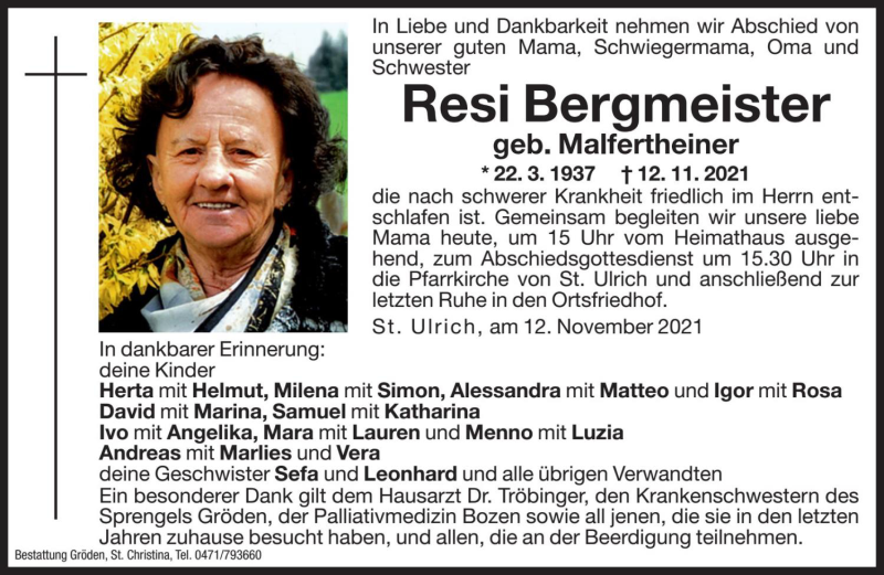 Traueranzeige für Resi Bergmeister vom 15.11.2021 aus Dolomiten