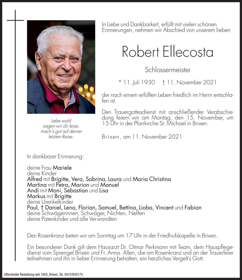  Traueranzeige für Robert Ellecosta vom 12.11.2021 aus Dolomiten
