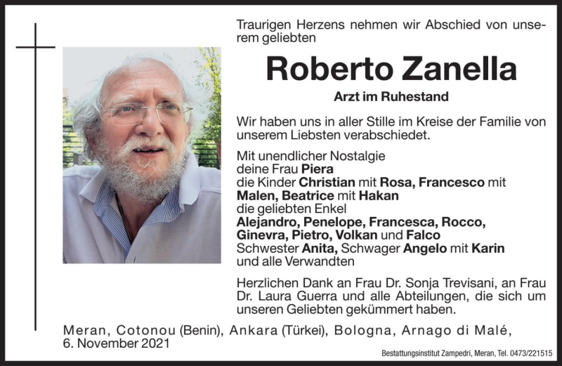  Traueranzeige für Roberto Zanella vom 10.11.2021 aus Dolomiten
