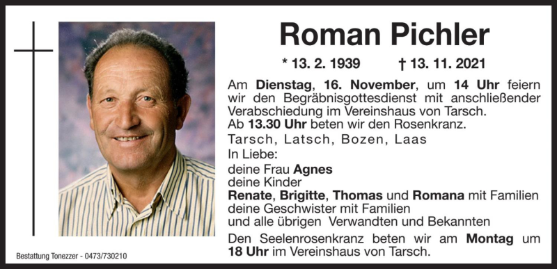  Traueranzeige für Roman Pichler vom 15.11.2021 aus Dolomiten