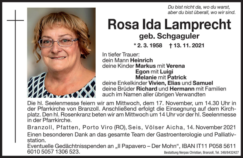  Traueranzeige für Rosa Ida Lamprecht vom 16.11.2021 aus Dolomiten
