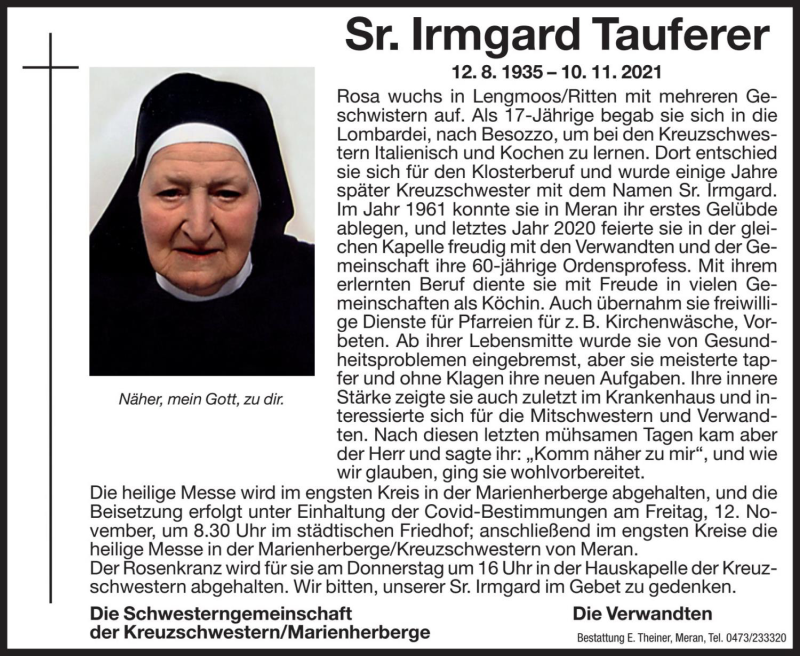  Traueranzeige für Sr. Irmgard Tauferer vom 11.11.2021 aus Dolomiten
