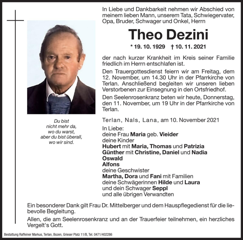  Traueranzeige für Theo Dezini vom 11.11.2021 aus Dolomiten