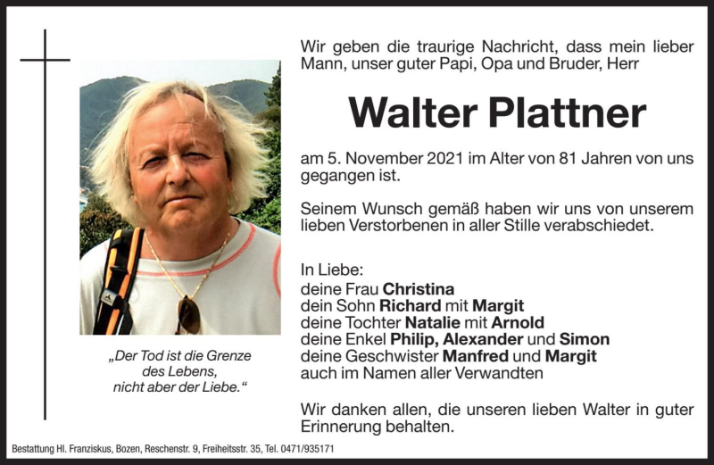 Traueranzeige für Walter Plattner vom 10.11.2021 aus Dolomiten
